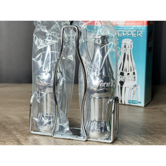 COCA COLA CHROME SALT & PEPPER SHAKERS WITH CADDY - NIB - Picture 1 of 4